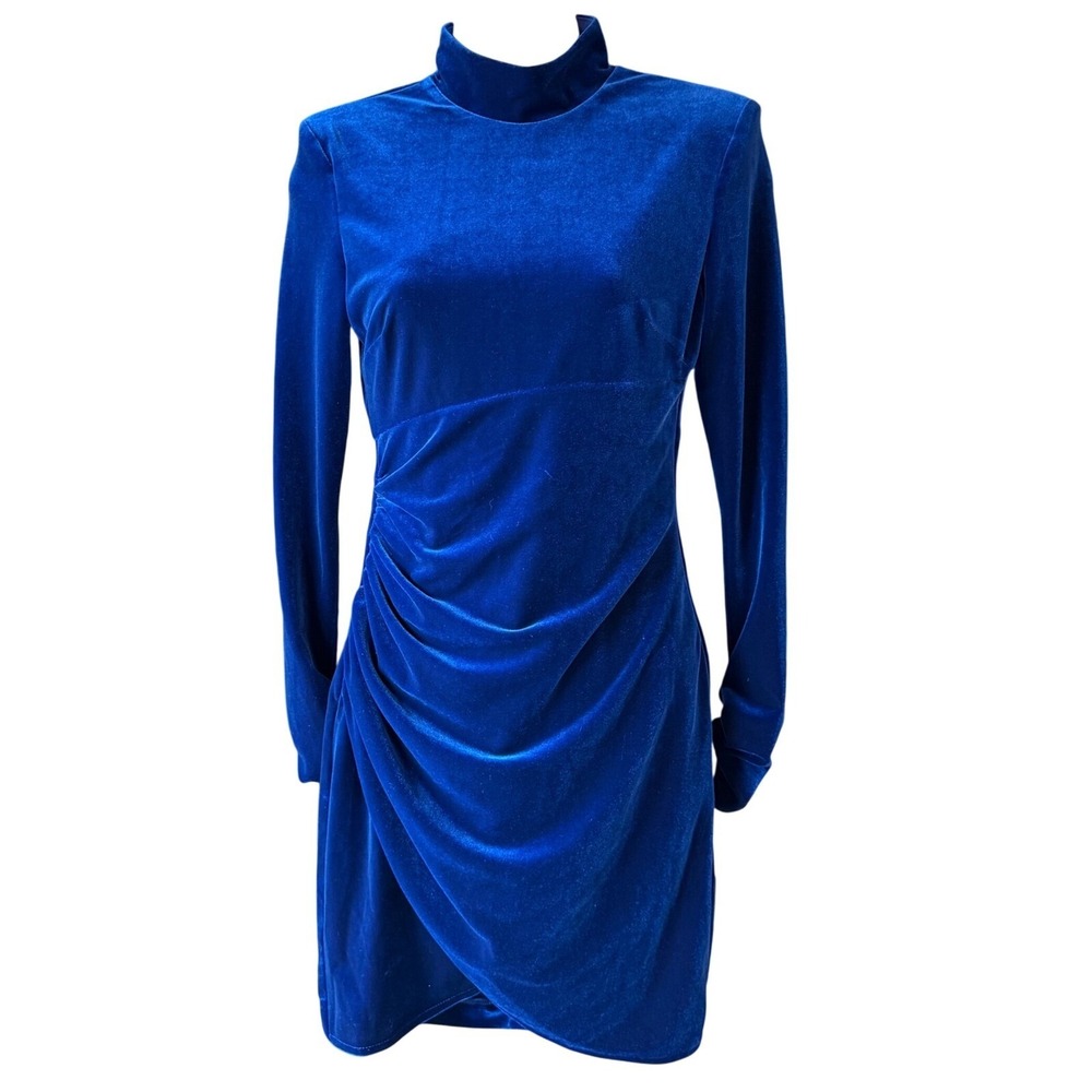 BETSY & ADAM Velvet Mock Neck Faux Wrap Mini Dress Sapphire Blue Size 2 New